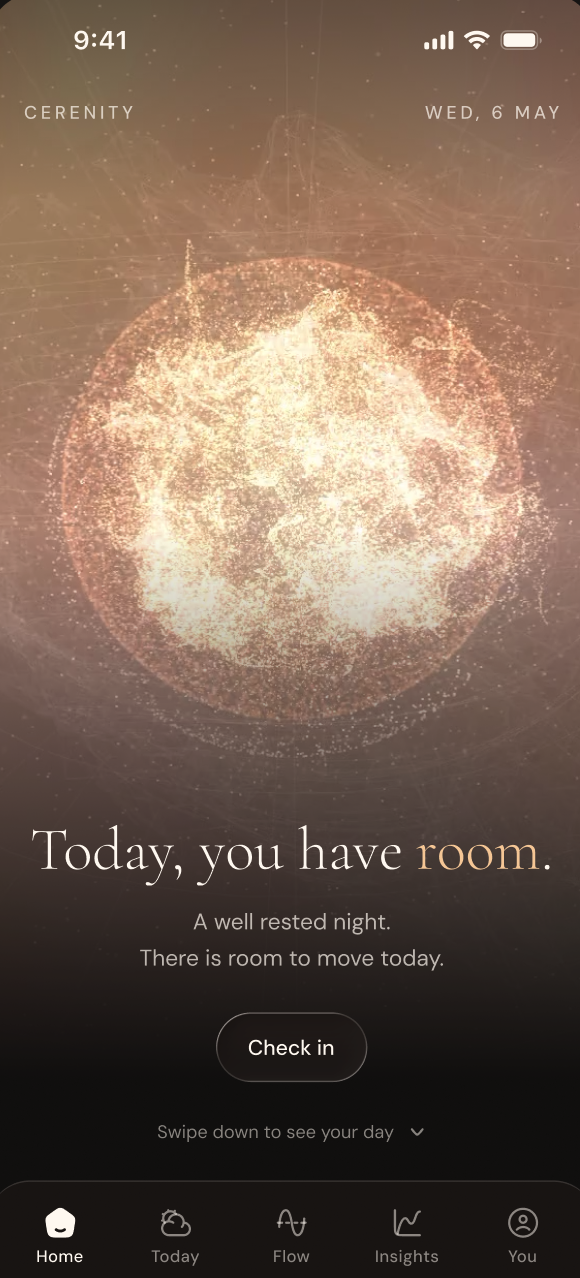Cerenity app home screen — “Today, you have room.”